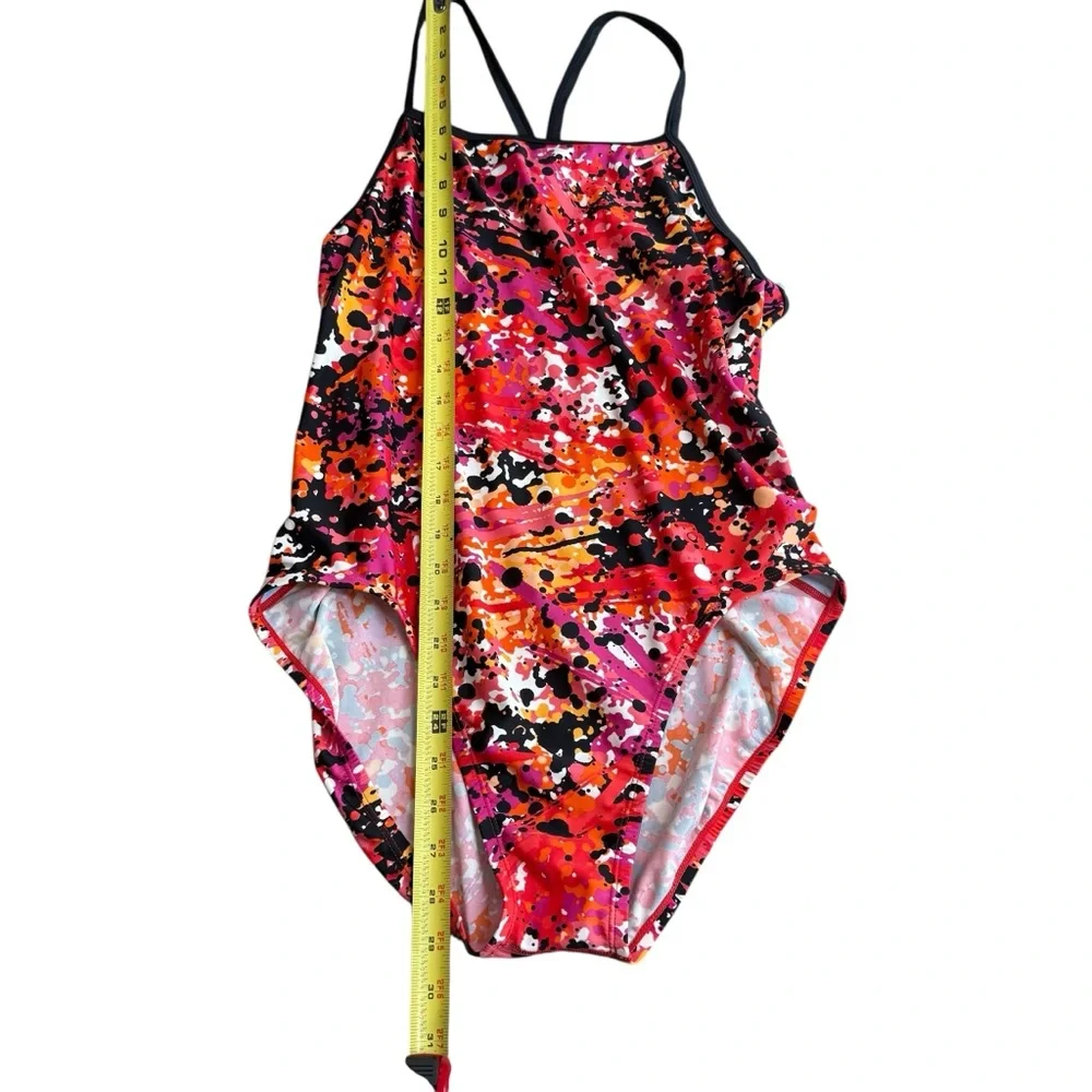 Nike Women’s Size 14 One‎ Piece Swimsuit Red Orange Abstract Open Back Sporty